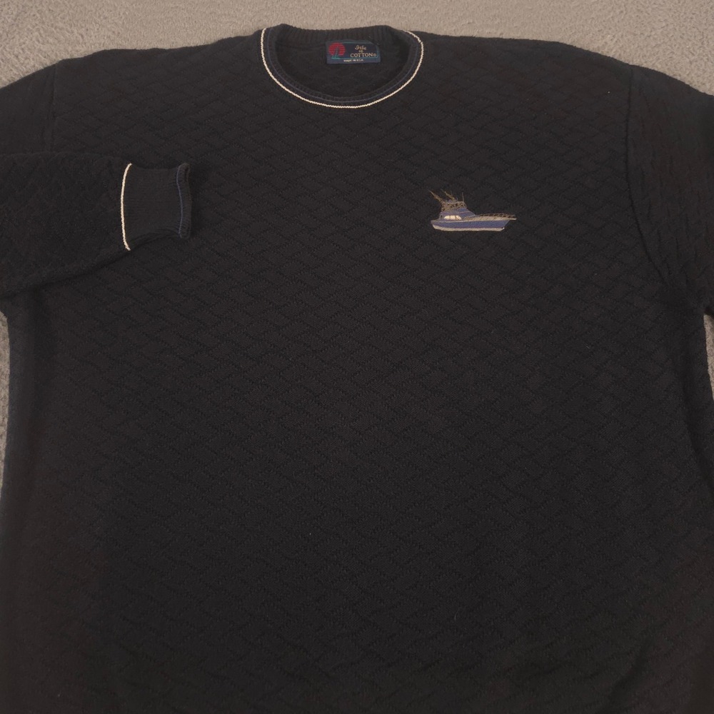 VINTAGE Isle of Cotton Sweater Mens XL Black Diamond Weave Boat Fishing 90s